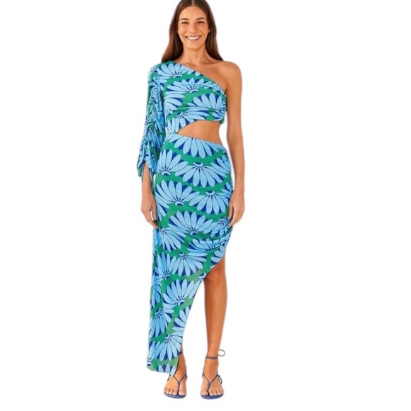 FARM Rio Dresses & Skirts - Farm Rio Copacabana Asymmetric Midi Cutout Dress Blue Green One Sleeve Small